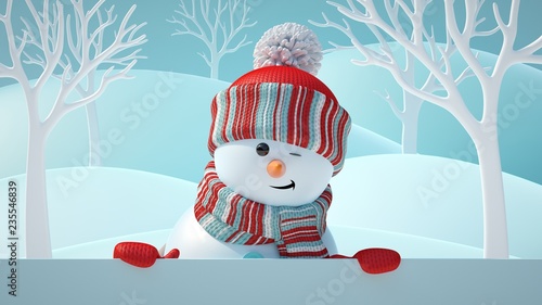3d-render-cute-snowman-blinking-smiling-looking-at-camera-holding-blank-banner-behind-white-page-christmas-background-new-year-greeting-card-space-for-text-winter-landscape