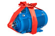 Industrial electric motor with bow and ribbon, gift concept. 3D rendering