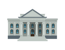 Bank Building Facade, University Or Government Institution. Public Building With High Columns Isolated On White Background. Flat Style Vector Illustration. Eps10.