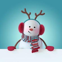 3d Render, Christmas Snowman Character, Smiling, Wearing Furry Headphones, Reindeer Antler, Blank Banner, Greeting Card Template, Space For Text, Winter Holiday Clip Art, Funny Toy, Illustration