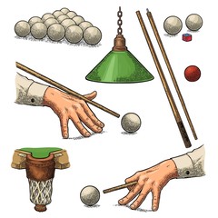 Wall Mural - Set billiard. Stick, balls, chalk, pocket and lamp.Vintage black engraving