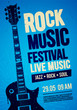 © Black White Mouse - vector illustration blue rock festival concert party flyer or poster design template with guitar, place for text and cool effects in the background