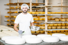 Man Rubing Cheese Wheels With Wax At The Cheese Manufacturing With Shelves Full Of Cheese On The Background