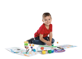 Poster - Cute child painting picture on white background