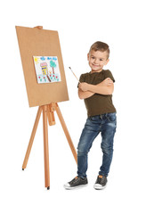 Sticker - Child painting picture on easel against white background