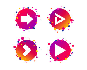 Arrow icons. Next navigation arrowhead signs. Direction symbols. Gradient circle buttons with icons. Random dots design. Vector