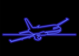 Sticker - one line drawing of isolated vector object - passenger airplane with neon vector effect