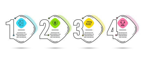 Infographic timeline set of Login, Romantic gift and Methodology icons. Award cup sign. Sign in, Surprise with love, Development process. Trophy. Process diagram, workflow timeline. Vector