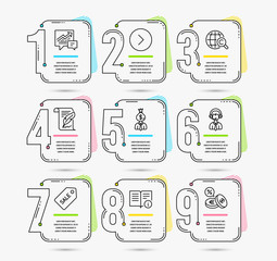 Infographic template with numbers 9 options. Set of Feather, Shipping support and Sale ticket icons. International Ð¡opyright, Manager and Technical info signs. Vector