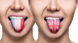 Collage of young woman shows painted tongue with different flags.