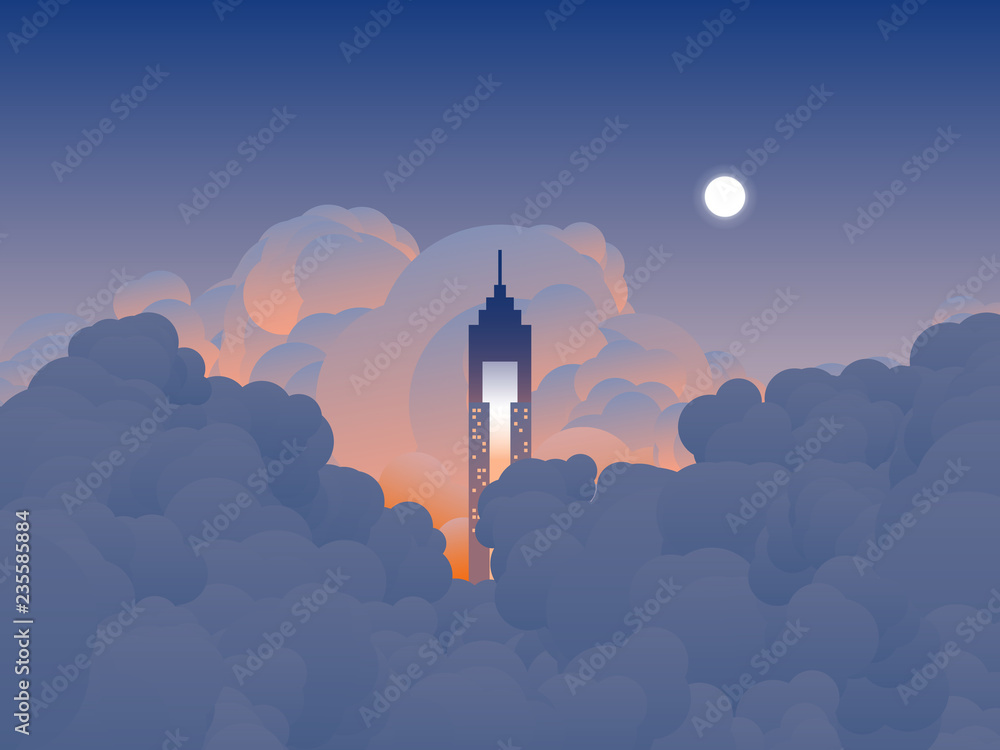 Sky scenery landscape, tall building reaches the clouds in twilight time, orange and blue tone - obrazy, fototapety, plakaty 