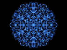 Blue Abstract Flame Mandala Snowflake, Ornamental Hexagonal Pattern On Black Background. Yoga Theme..