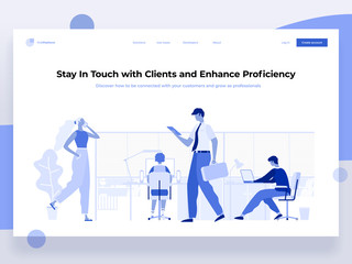 People work in a office and interact with different devices. Business, workflow management and office situations. Landing page template. Flat vector illustration.