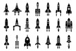 Space exploration rocket cosmos spaceship shuttle launch silhouette design icons set vector illustration