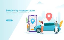 Mobile City Transportation Vector Illustration Concept,  Online Car Sharing   With Cartoon Character And Smartphone,  Can Use For, Landing Page, Template, Ui, Web, Mobile App, Poster, Banner, Flyer