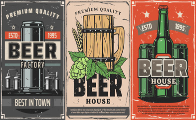 brewery factory, beer pub and cafe vector poster