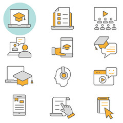 Sticker - E-learning distance education flat line icon set. Vector illustration. Editable stroke.