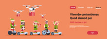 mix race elf santa claus helper ride electric scooter drone present delivery service christmas holiday new year concept flat horizontal copy space vector illustration