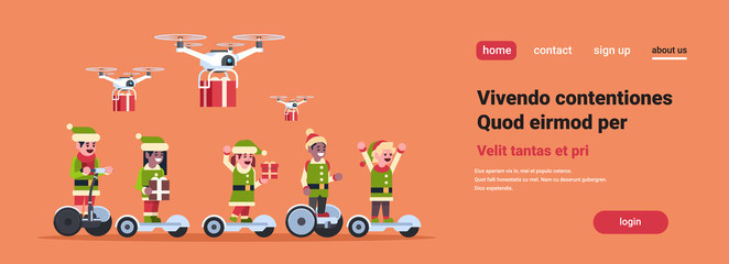 Wall Mural - mix race elf santa claus helper ride electric scooter drone present delivery service christmas holiday new year concept flat horizontal copy space vector illustration