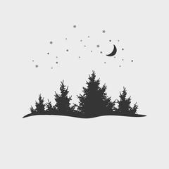 Vector background with fir-trees, stars and moon