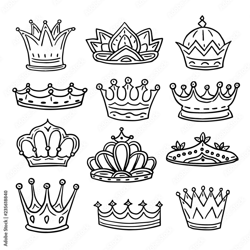 Vector de Stock Hand drawn crowns. King, queen doodle crown and princess  tiara. Vintage royal sketch isolated vector icons. Crown sketch for king  and princess, queen and prince illustration | Adobe Stock, image size:1000x1000