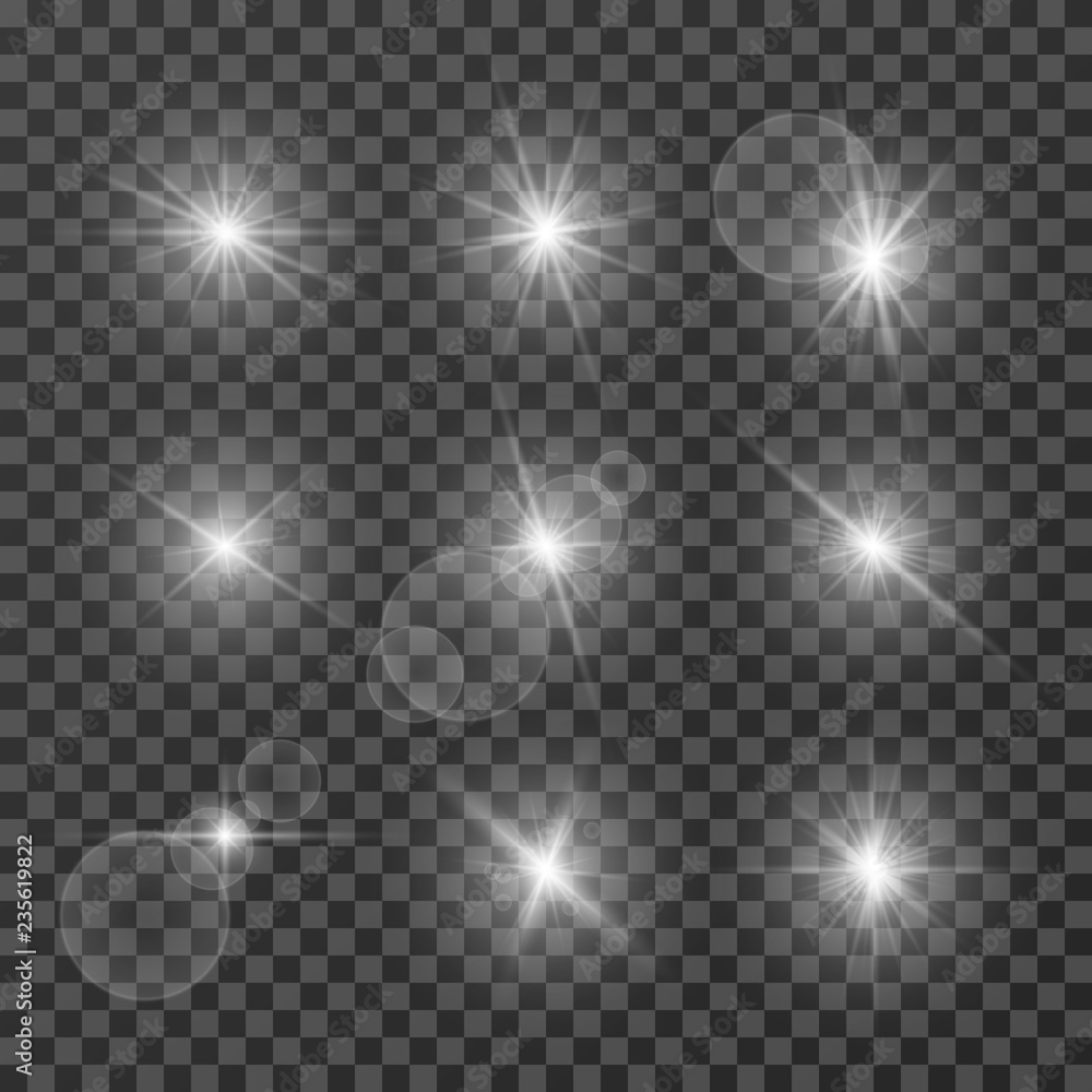 Lens effects. Camera flash light, flare. White light spot glowing sparkles, starlight isolated on transparent background vector set. Illustration of sparkle glow, flash star shine, bright lens - obrazy, fototapety, plakaty 