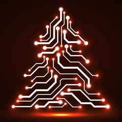 Wall Mural - Abstract technology glowing Christmas tree, neon circuit board