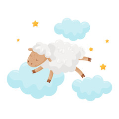 Cute little sheep sleeping on a cloud, lovely animal cartoon character, good night design element, sweet dreams vector Illustration