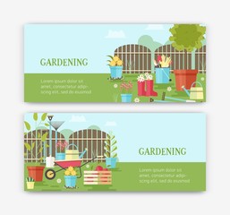 Wall Mural - Bundle of horizontal banner templates with flowers growing in pots, gardening tools, equipment for plants cultivation, harvested fruits and place for text. Colorful vector illustration in flat style.