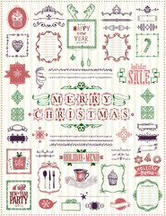 Wall Mural - christmas and new year sketch elements set, hand drawn doodle graphic line elements - ribbons, frame