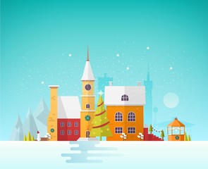 Fototapete - Street of small European city or town at Christmas Eve. Cityscape or landscape with antique buildings and clock tower decorated for holiday. Festive colorful vector illustration in trendy flat style.