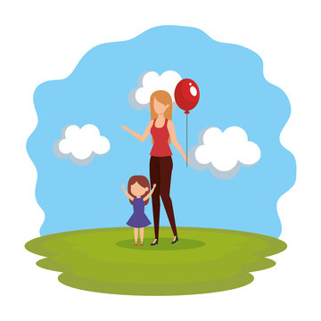 mother with daughter and balloon helium in park