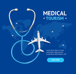 medical tourism concept banner card with realistic 3d detailed elements. vector