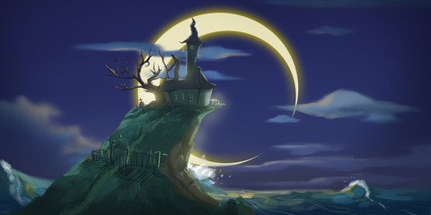 Wall Mural - Halloween Night Moon and Mountain. Fiction Backdrop. Concept Art. Realistic Illustration. Video Game Digital CG Artwork. Nature Scenery.
