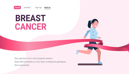 breast cancer day running sport woman pink ribbon awareness prevention concept poster female cartoon