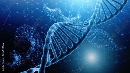 Cuadros en Lienzo Blue and red particles dna helix glowing over dark blue background