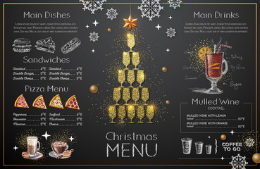 Wall Mural - Christmas menu design with golden champagne glasses. Restaurant menu. Pyramid of champagne glasses