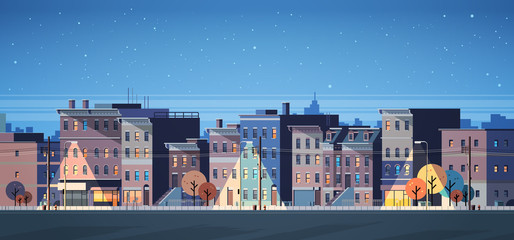 Wall Mural - city building houses night view skyline background real estate cute town concept horizontal banner flat