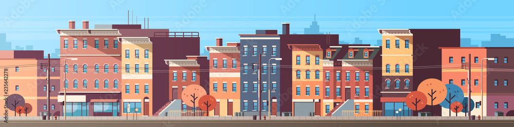 city building houses view skyline background real estate cute town concept horizontal banner flat - obrazy, fototapety, plakaty 
