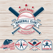 Set Of Baseball Or Softball Club Badge. Vector. Concept For Shirt Or Logo, Print, Patch, Stamp. Vintage Typography Design With Baseball Bats, Batter Hitting Ball And Ball For Baseball Silhouette.