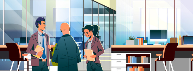 Canvas Print - business people communicating concept modern coworking office interior creative workplace male female cartoon character portrait horizontal flat