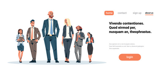 business people team leader businessmen women standing together leadership concept male female cartoon character full length isolated horizontal flat copy space