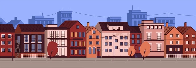 Fototapete - Horizontal urban landscape or cityscape with facades of residential buildings. Street view of district with modern living houses and trees. Colorful vector illustration in flat cartoon style.