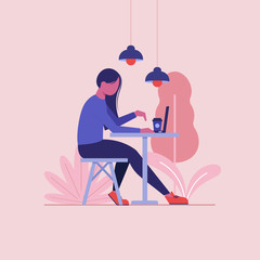 Freelancer woman is working at her laptop in cafe flat vector concept.