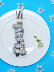 Wall Mural - fork with a knife wrapped in a measuring tape lie on a white round ceramic plate