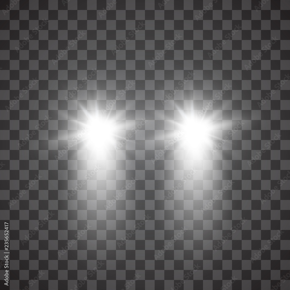 Cars flares light effect. Realistic white glow round car headlight beams isolated on transparent gloom background. Vector bright train lights for your design. - obrazy, fototapety, plakaty 