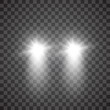 Cars flares light effect. Realistic white glow round car headlight beams isolated on transparent gloom background. Vector bright train lights for your design.