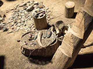 Reconstruction of the human dwelling of the Stone / Bronze Age. household items. archaeological excavations concept.