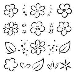 Wall Mural - hand drawn black summer flowers and leaves set