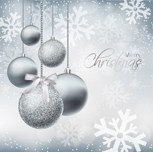 Merry Christmas Card With Silver Baubles Vector Realistic. Christmas Shiny Glitter Decorations. Holidays Winter Poster. Detailed 3d Illustration Decors